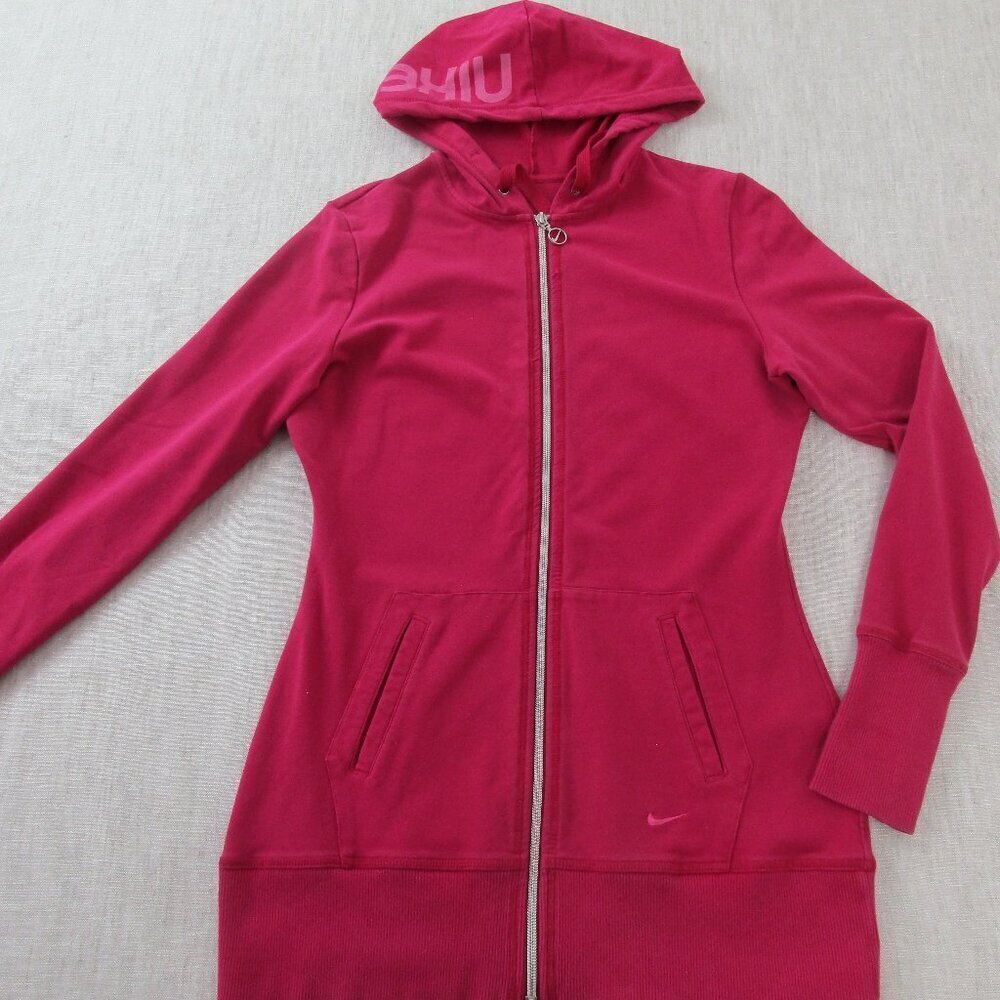 Nike Hoodie Women Pink Solid Cotton Long Sleeve Outdoor Drawstring Full Zip Logo